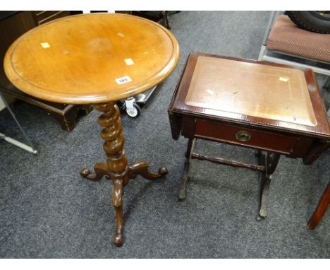 An antique barley-twist tripod table & a reproduction drop flap single-drawer table