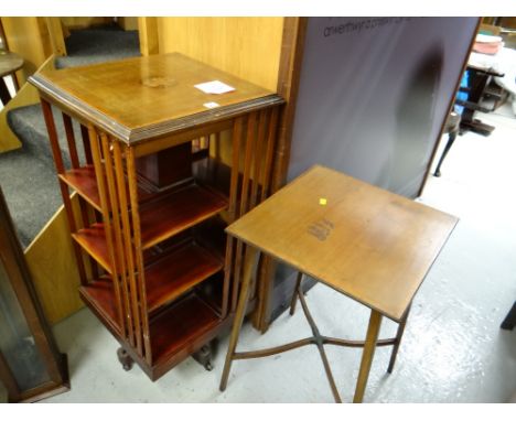 An antique mahogany rotating bookcase & a square topped table