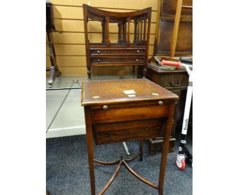 A good antique work table with pokerwork leather top, slide out work top drawer & slide out basket together with a reproducti