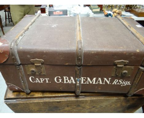 'Captain G Bateman, Royal Signals' vintage cabin trunk with labels & lettering