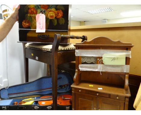 A painted table top chest & a cased Oriental violin