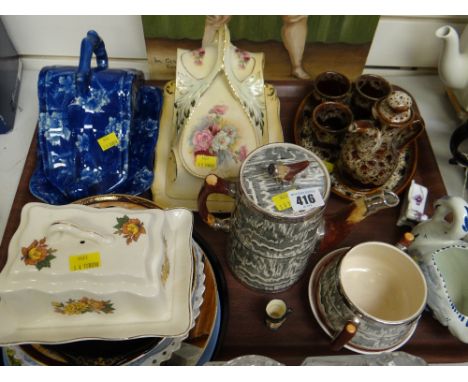 Tray of vintage china including cheese domes, an Arthur Wood Silver Shield part teaset, treacleware etc & an unframed oil on 