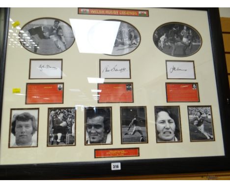 A framed Welsh rugby legends autograph display with signatures from JOHN DAWES, PHIL BENNETT & J P R WILLIAMS