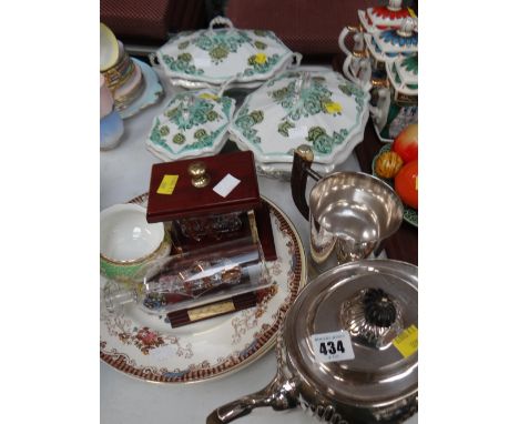 Three pottery dinner tureens together with plates, EPNS teapot & beaker