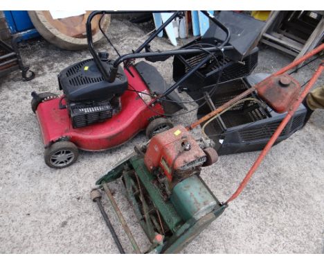 A petrol rotary lawn mower together with a vintage petrol lawn mower & roller