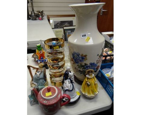 A modern large vase with birds & flowers together with ceramic figurines, Oriental teapot etc