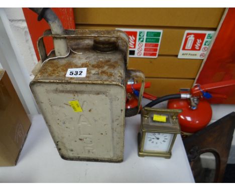 A vintage Esso blue paraffin can together with a French carriage clock (distressed)