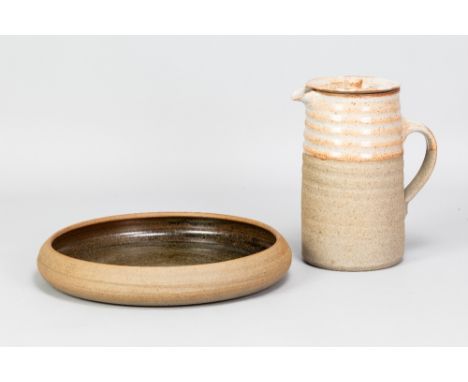 COLIN PEARSON (1923-2007); a stoneware coffee pot with shino top and a stoneware dish, impressed CP marks, made 1960s, coffee