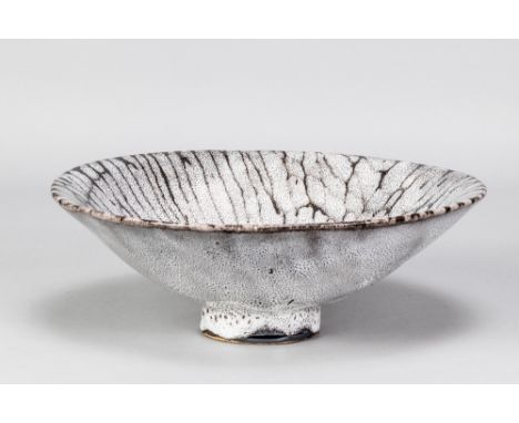 JAMES TOWER (1919-1988); a tin glazed earthenware footed bowl with black and white decoration, incised signature, made circa 