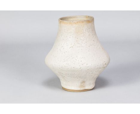 LUCIE RIE (1902-1995); a stoneware vase of swollen form covered in pitted pale grey glaze, impressed LR mark, made circa 1968