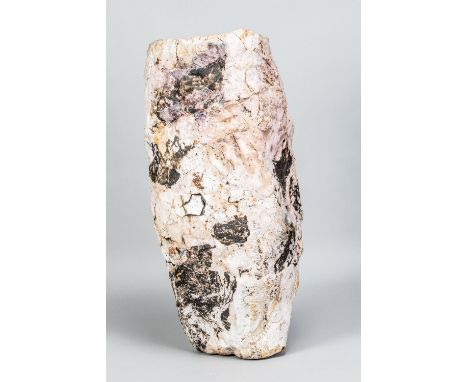 EWEN HENDERSON (1934-2000); a tall vessel, mixed laminated stoneware and bone china clays, textured pink, black and yellow su