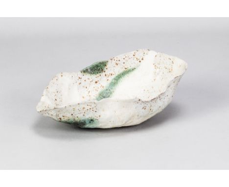 EWEN HENDERSON (1934-2000); a dish form, mixed laminated stoneware and bone china clays, textured white and green surface sta