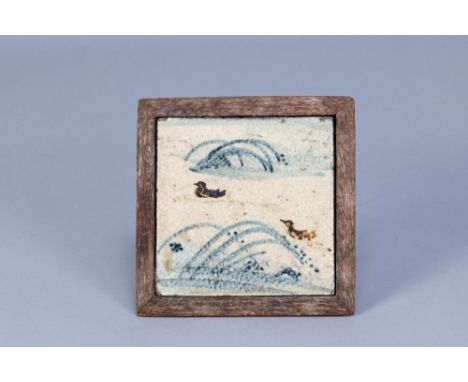 BERNARD LEACH (1887-1979) for Leach Pottery; a stoneware tile depicting ducks and reeds in original wooden frame, painted BL 