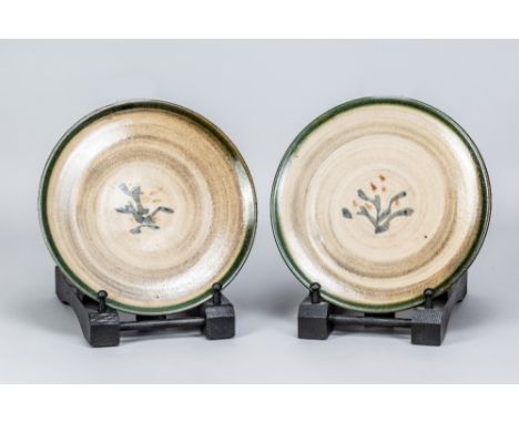 MICHAEL LEACH (1913-1985) for Yelland Pottery; a pair of stoneware plates with cobalt decoration to centres, impressed potter