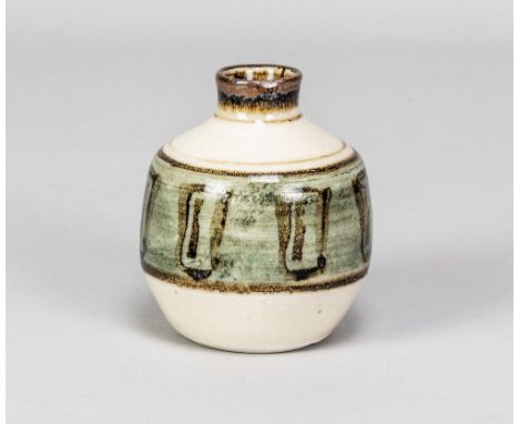 TREVOR CORSER (1938-2015) for Leach Pottery; a small porcelain vase with iron decoration on green band, painted TC and impres