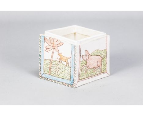 ALISON BRITTON (born 1948); a square earthenware box (minus its cover) decorated with pigs, made circa 1972, height 9cm. (D)P