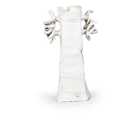 COLIN PEARSON (1923-2007); a tall square stoneware vase with convoluted wings covered in white glaze, impressed mark, made 19