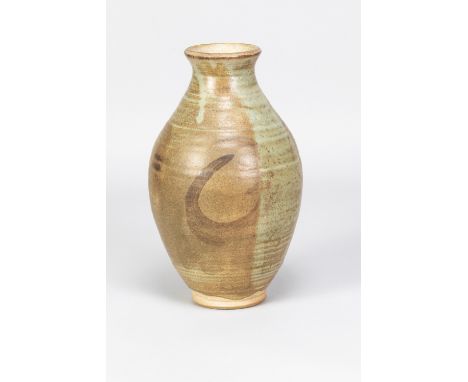 MARGARET REY (1911-2010); a stoneware vase with simple iron decoration on mottled brown and sage green ground, impressed MR m