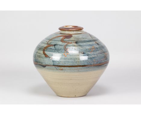 DAVID LEACH (1911-2005) for Lowerdown Pottery; a large stoneware jar, cobalt wash and painted iron floral motif with trailed 