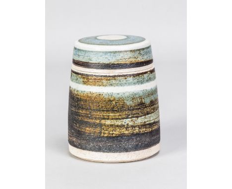 MARY RICH (born 1940); an early stoneware caddy with banded decoration, impressed M mark, made 1970s, height 13.5cm. (D)Addit