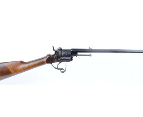 12mm Belgian pinfire six shot revolving rifle, 25½ ins octagonal barrel, engraved cylinder and frame, side loading gate, spru