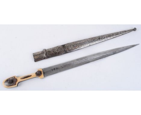 Caucasian Kindjal, 14¾ ins tapering double edged blade, narrow double fullers and bladesmith's cartouche, black and white hor