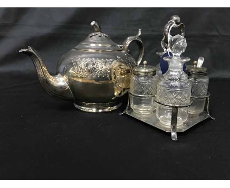 LOT OF EPNS COMPRISING TEA SERVICE, CUT CYRSTAL CRUET SET, ETC