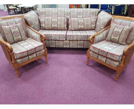 FRENCH STYLE THREE PIECE LOUNGE SUITEwith caned sides comprising high sided sofa and two arm chairs (3)