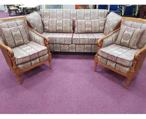 FRENCH STYLE THREE PIECE LOUNGE SUITEwith caned sides comprising high sided sofa and two arm chairs (3)