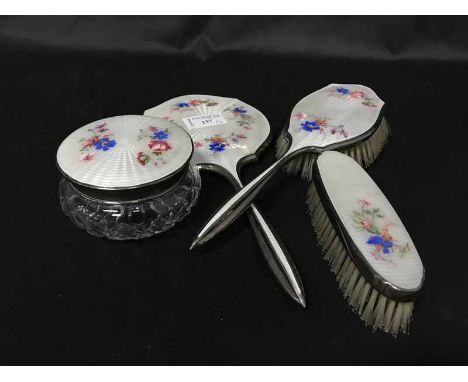 SILVER PLATED AND ENAMEL BACKED FOUR PIECE DRESSING TABLE SET