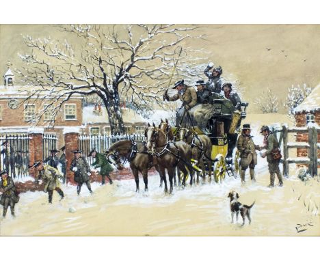 ARTIST: Albert Ludovici Jr (Italian, 1852 - 1932)NAME: Winter Stagecoach Street SceneMEDIUM: watercolor on paperCONDITION: So