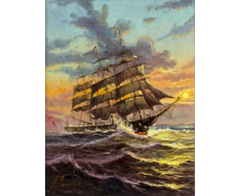 ARTIST: F Sanchis (American, 20 century)NAME: Sail ShipMEDIUM: oil on boardCONDITION: Excellent. No visible inpaint under UV 