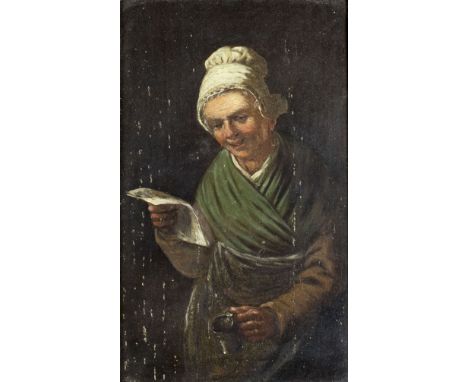 ARTIST: - (Europe, 19 century)NAME: Old Woman with MugYEAR: 19 centuryMEDIUM: oil on boardCONDITION: Minor flaking. Minor cra