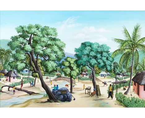 ARTIST: Guy Joachim (Haitian, born 1955)NAME: Haitian LandscapeYEAR: 1982MEDIUM: oil on canvasCONDITION: Very good. No visibl