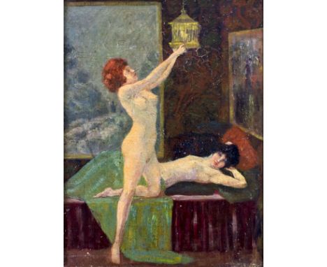 ARTIST: - (America, 19 century)NAME: Two NudesMEDIUM: oil on canvas. Canvas applied to board.CONDITION: Few minor scratches. 