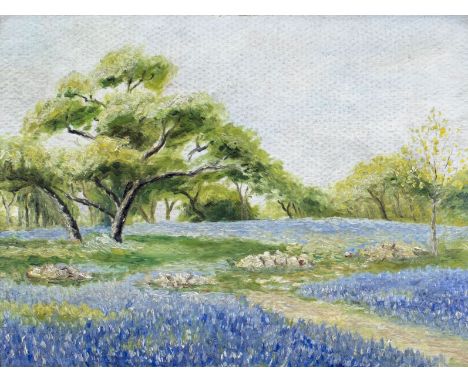 ARTIST: - (Texas, mid 20 century)NAME: Bluebonnets LandscapeMEDIUM: oil on boardCONDITION: Good. No visible inpaint under UV 