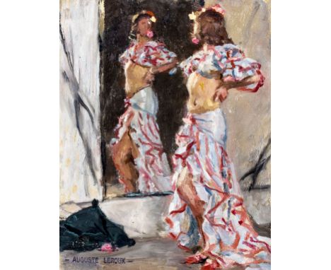 ARTIST: Auguste Jules Marie Leroux (France, 1871 - 1954)NAME: Flamenco Dancer at MirrorMEDIUM: oil on boardCONDITION: Few sma
