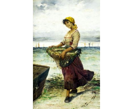 ARTIST: Frederick Reginald Donat (Belgian, 1830 - 1907)NAME: Breton FishergirlMEDIUM: oil on boardCONDITION: Board has two sm