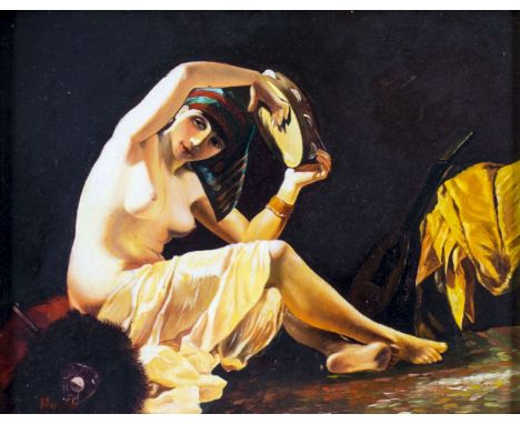 ARTIST: Hunt (American, 20 century)NAME: Nude Woman Playing TambourineMEDIUM: oil on boardCONDITION: Very good. No visible in