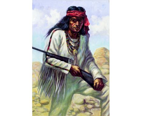 ARTIST: Severo Enrico Zavaleta (Bolivian, 1932 - ???)NAME: Apache WarriorMEDIUM: oil on canvasCONDITION: Very good. No visibl