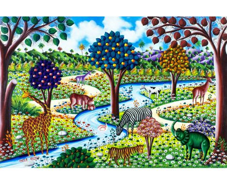 ARTIST: Fritz Merise (Haitian, born 1946)NAME: Haitian Landscape with AnimalsMEDIUM: oil on boardCONDITION: Very good. No vis