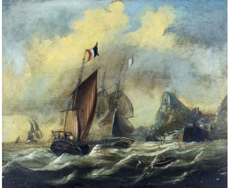 ARTIST: - (Europe, 19 century)NAME: Seascape with Fishing BoatsMEDIUM: oil on canvas. Canvas applied to board.CONDITION: Some