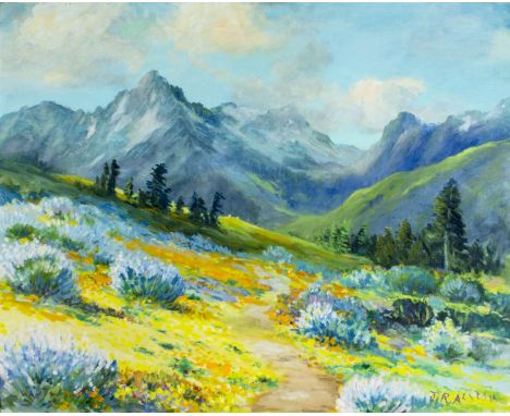 ARTIST: John R Alston (California, mid 20 Century)NAME: Mountain LandscapeMEDIUM: oil on canvas boardCONDITION: Very good. No