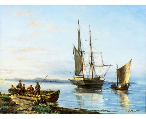 ARTIST: Thomas Scott (American, 20 century)NAME: Coastal Scene with BoatsMEDIUM: oil on canvasCONDITION: Some faint scratches