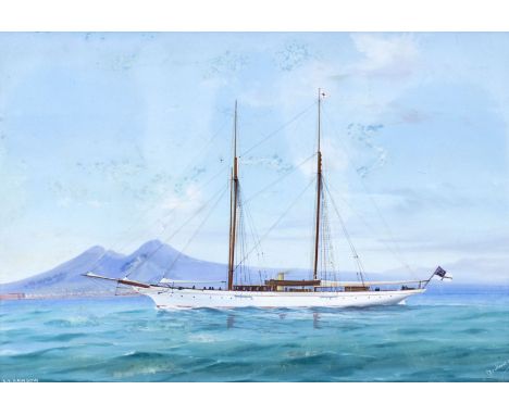 ARTIST: Antonio De Simone (Italian, 1851 - 1907)NAME: Ship - S.Y. Rainbow (titled lower left)YEAR: 1895MEDIUM: gouache on pap