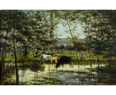 ARTIST: Cesar De Cock (Belgian, Flemish, 1823 - 1904)NAME: Landscape with CowsMEDIUM: oil on boardCONDITION: Normal wear alon