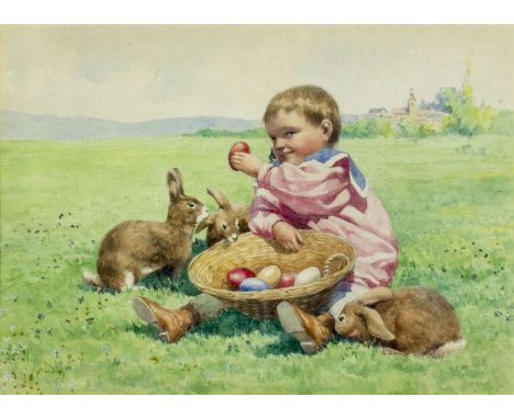 ARTIST: - (American, early 20 century)NAME: Child with Bunnies and EggsMEDIUM: watercolor on paperCONDITION: Minor age toning