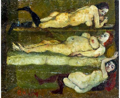 ARTIST: Richard Hackett (California, Nevada, 1917 - 1989)NAME: Three NudesYEAR: 1974MEDIUM: oil on boardCONDITION: Very good.