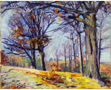 ARTIST: George A Thurston (New York, 1885 - 1964)NAME: Autumn LandscapeYEAR: 1954MEDIUM: oil on boardCONDITION: Some paint lo