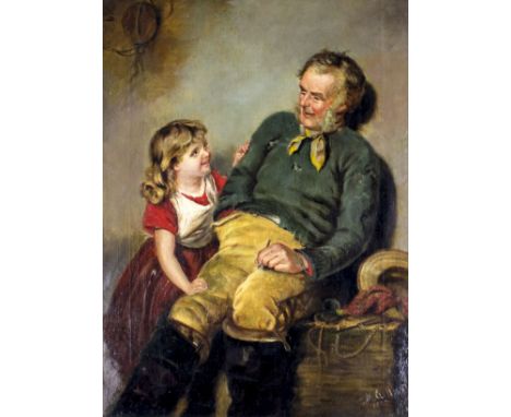 ARTIST: M Cullen (European, 19 century)NAME: Fisherman and His DaughterYEAR: 1885MEDIUM: oil on canvasCONDITION: Minor craque